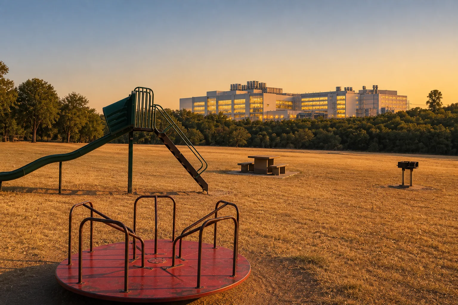 Neighborhood playground with hyperscale data halls on the horizon